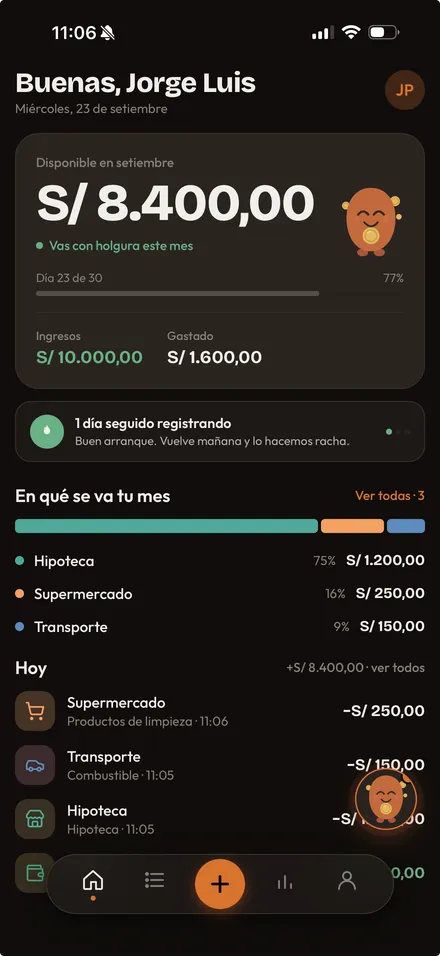 Migo: home con el resumen del mes